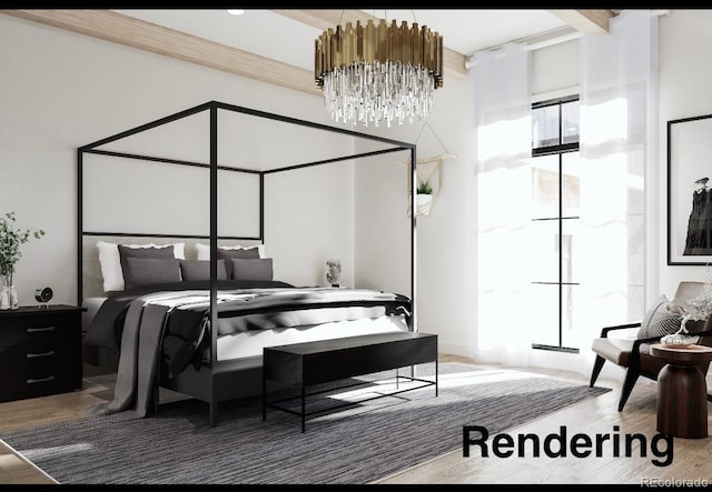 bedroom featuring beam ceiling, hardwood / wood-style floors, and a notable chandelier