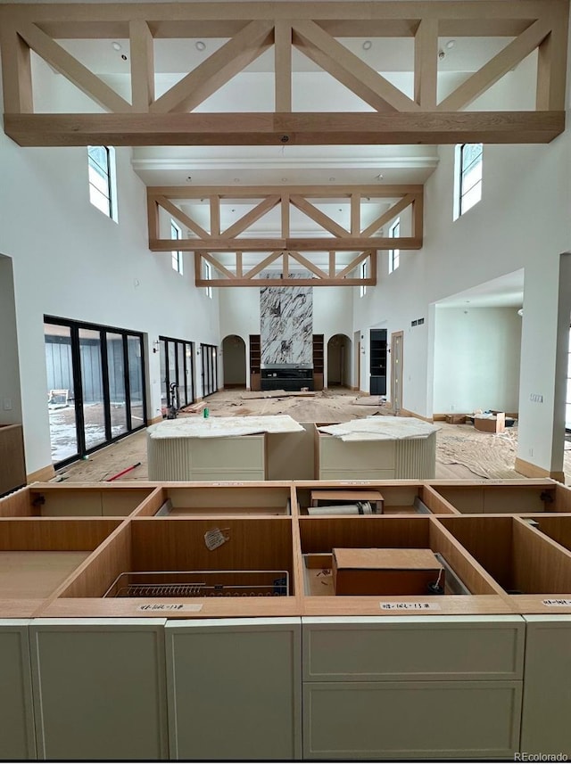 kitchen with a high ceiling, plenty of natural light, beam ceiling, and green cabinetry