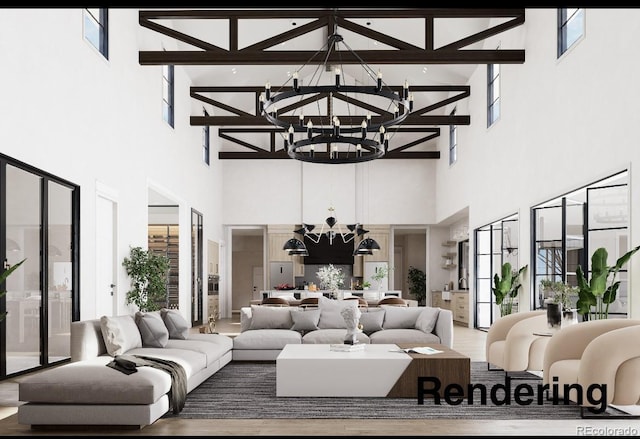 living room with a notable chandelier