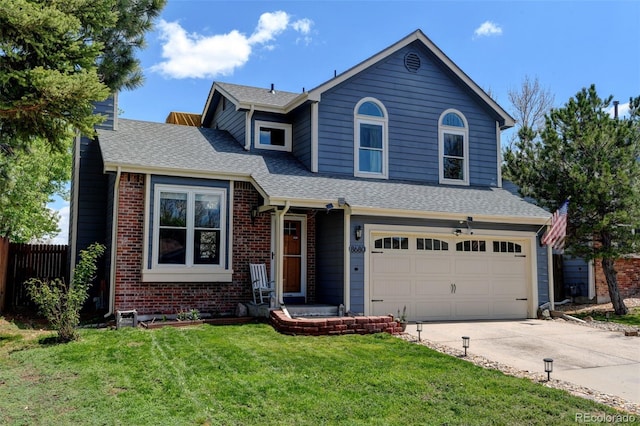 8680 Apache Plume Dr, Parker, CO 80134 - traditional home featuring concrete driveway, a garage, brick siding, and a shingled roof