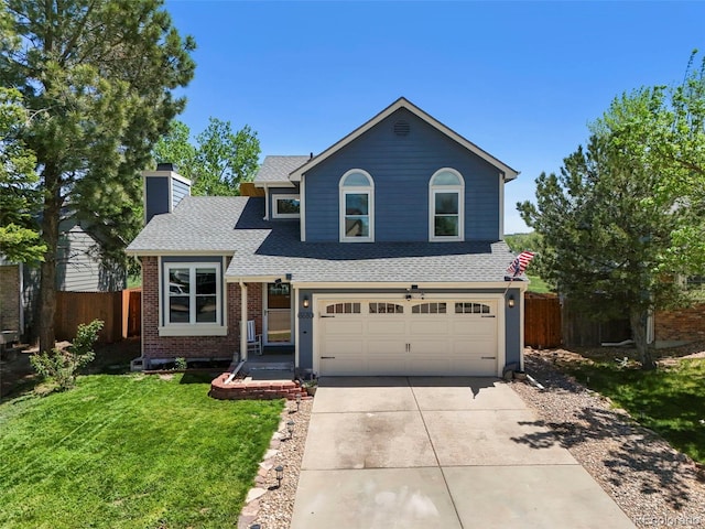 8680 Apache Plume Dr, Parker, CO 80134 - traditional-style house featuring a garage, driveway, a chimney, a shingled roof, and brick siding