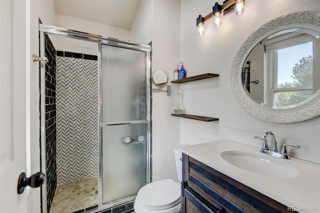 8680 Apache Plume Dr, Parker, CO 80134 - bathroom featuring a stall shower, toilet, and vanity