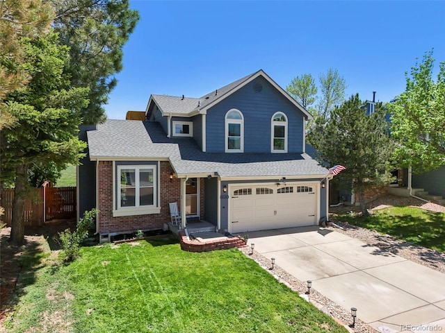 8680 Apache Plume Dr, Parker, CO 80134 - traditional-style house with concrete driveway, a garage, brick siding, and roof with shingles