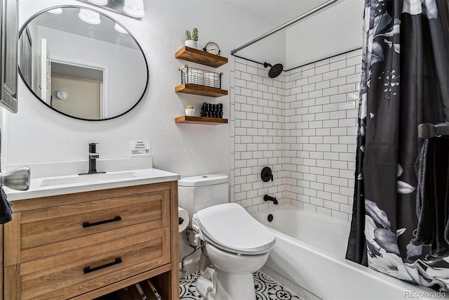 full bathroom with vanity, toilet, and shower / bath combo with shower curtain