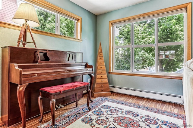 miscellaneous room featuring baseboard heating, plenty of natural light, and wood-type flooring