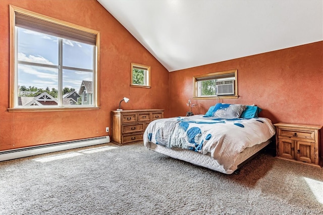 bedroom with carpet flooring, cooling unit, vaulted ceiling, and a baseboard radiator