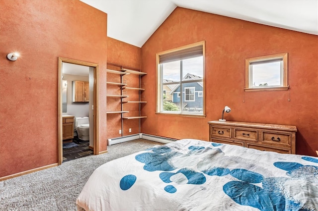 bedroom featuring carpet flooring, a baseboard heating unit, connected bathroom, and vaulted ceiling