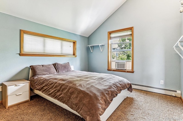 bedroom featuring carpet floors, a baseboard radiator, cooling unit, and lofted ceiling