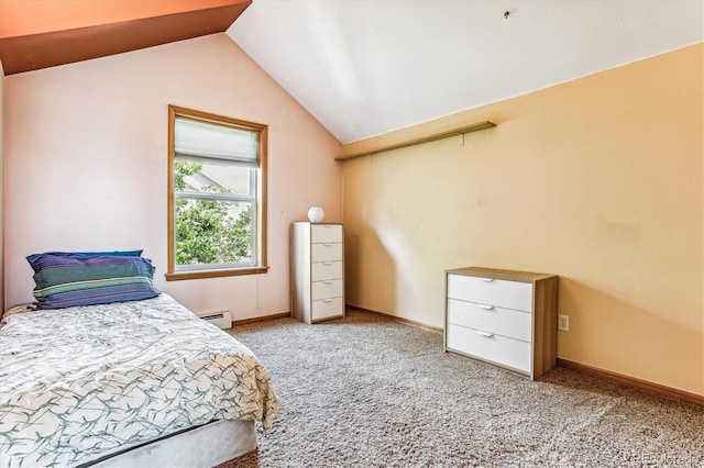 bedroom with a baseboard heating unit, light colored carpet, and vaulted ceiling