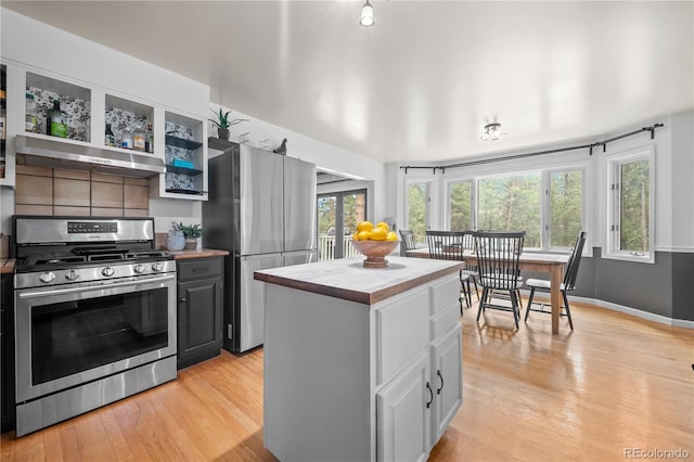 50 Victoria Rd, Pine, CO 80470 - kitchen with stainless steel appliances, wood counters, under cabinet range hood, and light wood-style floors