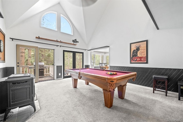 50 Victoria Rd, Pine, CO 80470 - rec room featuring carpet, high vaulted ceiling, and billiards table
