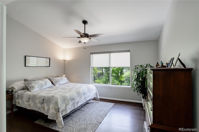 5757 W Alamo Dr, Denver, CO 80123 - bedroom with dark wood-type flooring, baseboards, ceiling fan, and lofted ceiling