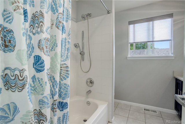 5757 W Alamo Dr, Denver, CO 80123 - bathroom with shower / tub combo with curtain, tile patterned flooring, vanity, and baseboards