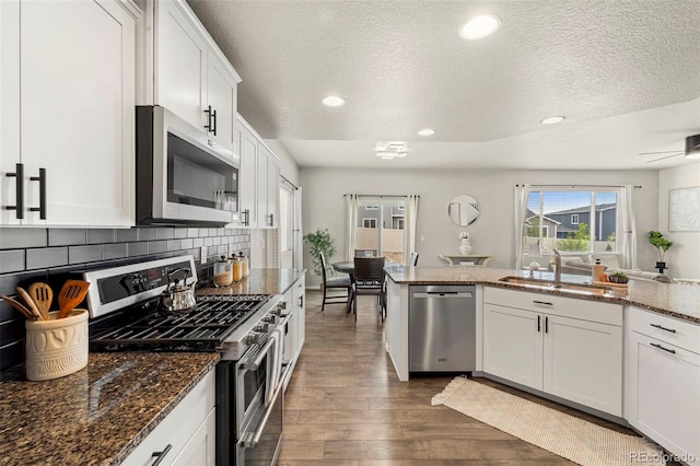 9869 Meridian Hills Trl, Peyton, CO 80831 - kitchen with appliances with stainless steel finishes, dark wood-style flooring, a textured ceiling, decorative backsplash, and white cabinetry