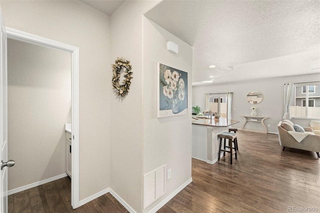 9869 Meridian Hills Trl, Peyton, CO 80831 - hallway featuring dark wood-style flooring, a textured ceiling, and recessed lighting