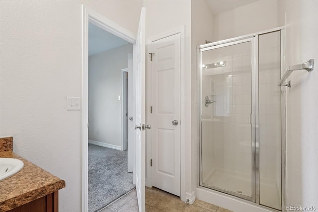 12921 Grant Cir Unit B, Thornton, CO 80241 - bathroom with a shower stall, vanity, and tile patterned floors