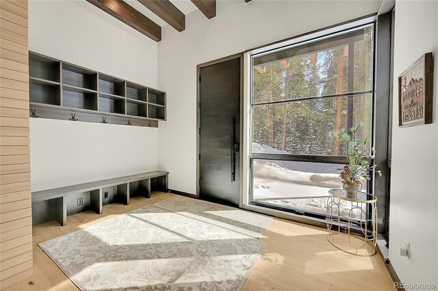 55 Blue Flag Dr, Breckenridge, CO 80424 - mudroom featuring beamed ceiling, wood finished floors, and baseboards