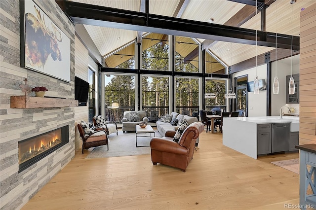 55 Blue Flag Dr, Breckenridge, CO 80424 - living area with a fireplace, light wood-style floors, and expansive windows