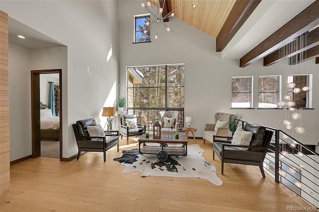 55 Blue Flag Dr, Breckenridge, CO 80424 - living room with a chandelier, wood finished floors, high vaulted ceiling, wood ceiling, and recessed lighting