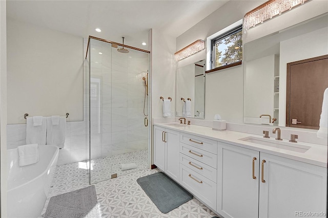 55 Blue Flag Dr, Breckenridge, CO 80424 - bathroom with a shower stall, double vanity, a soaking tub, and recessed lighting