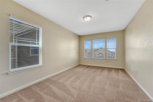 unfurnished room with baseboards, carpet flooring, and a textured wall