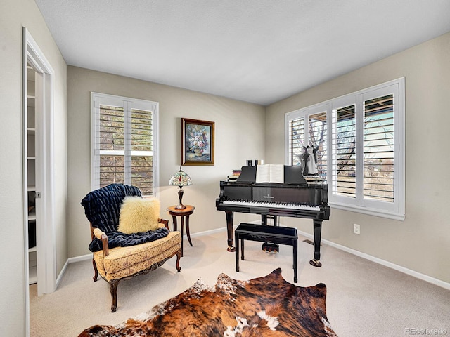 sitting room with baseboards, a wealth of natural light, and carpet floors