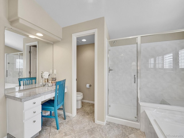 full bathroom featuring tile patterned floors, a stall shower, toilet, and baseboards