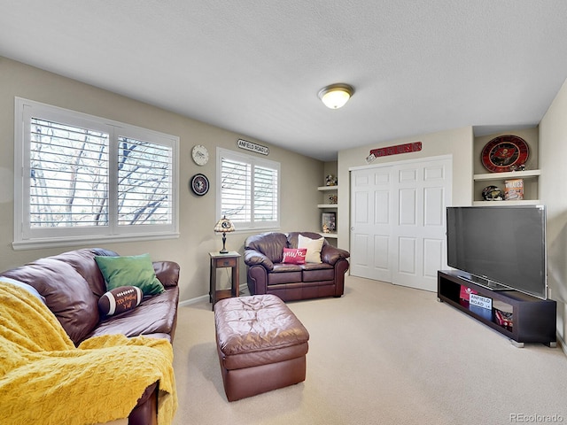 carpeted living area with baseboards and a textured ceiling