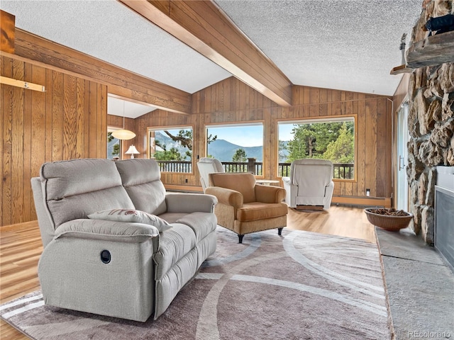 1141 Koral Ct, Estes Park, CO 80517 - living room featuring wood walls, a fireplace, wood finished floors, a textured ceiling, and a mountain view