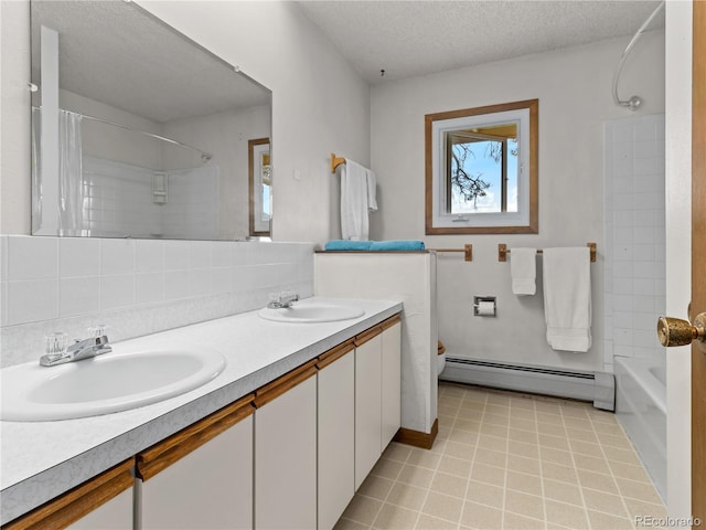 1141 Koral Ct, Estes Park, CO 80517 - bathroom with a baseboard heating unit, toilet, double vanity, tasteful backsplash, and shower / tub combo with curtain