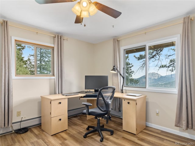 1141 Koral Ct, Estes Park, CO 80517 - home office featuring light wood-style flooring, ceiling fan, baseboards, and baseboard heating