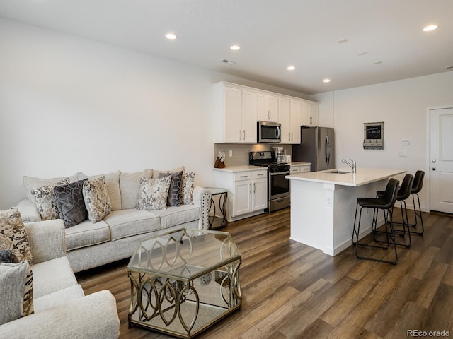 living room with sink and dark hardwood / wood-style flooring