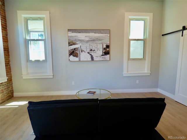 living room featuring a barn door, a wealth of natural light, and wood finished floors