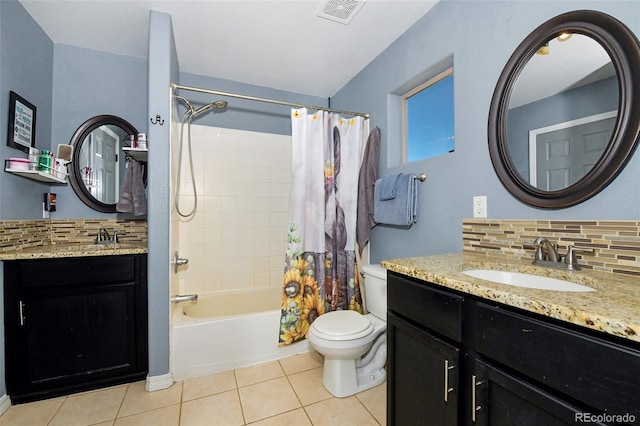 bathroom featuring decorative backsplash, shower / bath combo with shower curtain, visible vents, and tile patterned floors