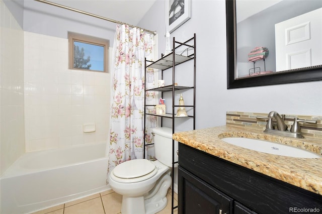 bathroom with toilet, shower / bathtub combination with curtain, vanity, and tile patterned floors