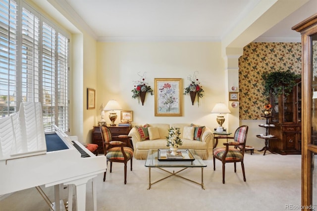 living room with crown molding and light carpet