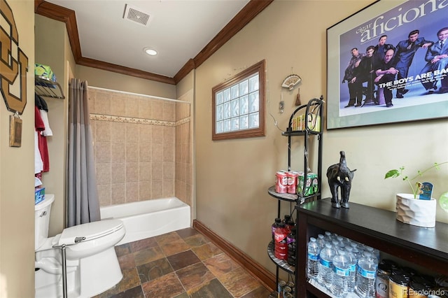 bathroom with toilet, ornamental molding, and shower / bathtub combination with curtain