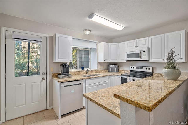 kitchen with a textured ceiling, white cabinetry, sink, kitchen peninsula, and stainless steel appliances