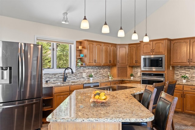 kitchen featuring stainless steel appliances, open shelves, a center island, a sink, and vaulted ceiling