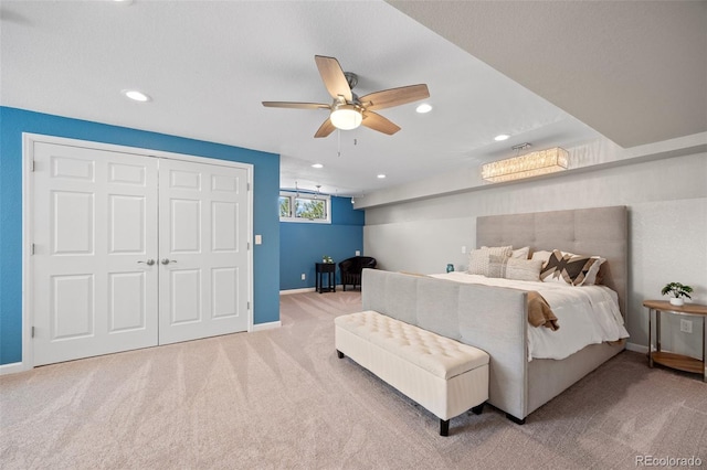 carpeted bedroom with baseboards, recessed lighting, a closet, and ceiling fan