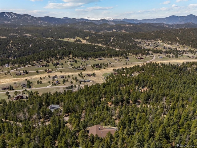 aerial overview of property's location featuring a mountain backdrop and a forest
