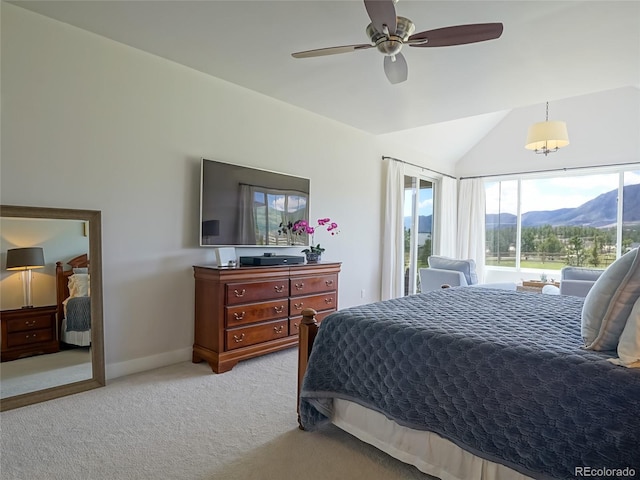bedroom featuring ceiling fan, light colored carpet, access to exterior, baseboards, and vaulted ceiling