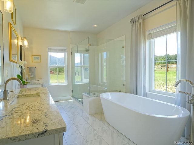 full bath with double vanity, a freestanding bath, plenty of natural light, and a sink