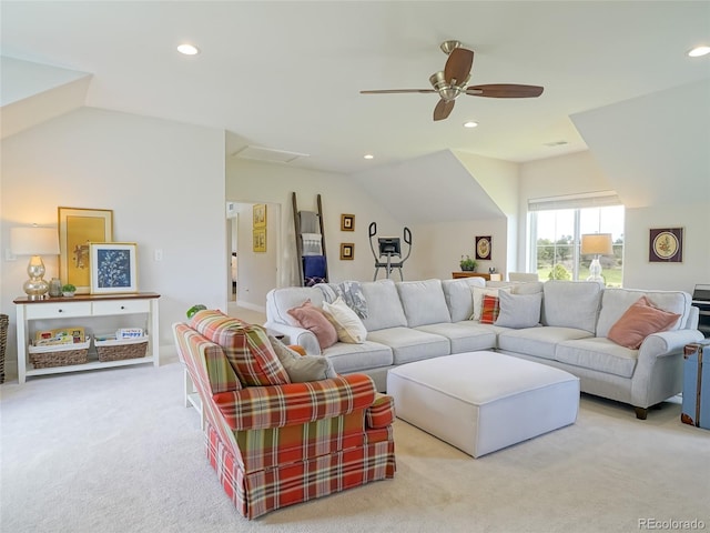 living area with recessed lighting, carpet, ceiling fan, and lofted ceiling
