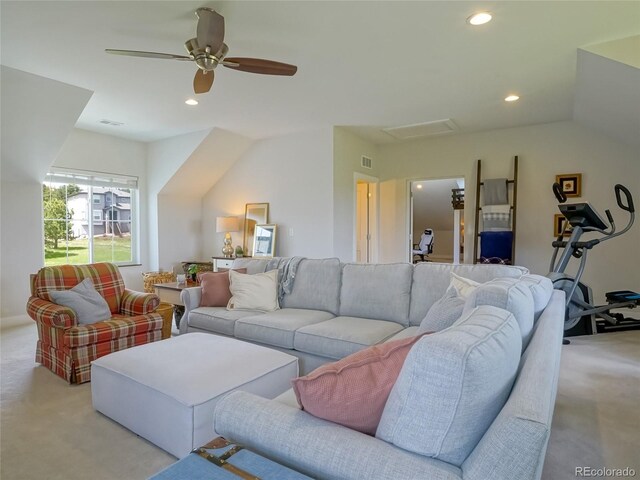 living area with light colored carpet, recessed lighting, and visible vents