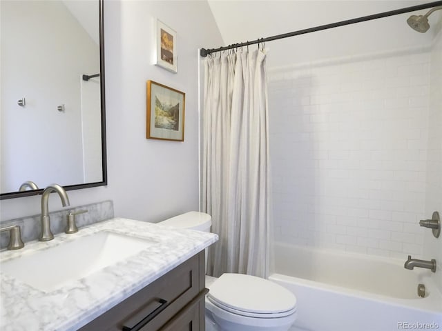 bathroom with toilet, shower / bathtub combination with curtain, and vanity