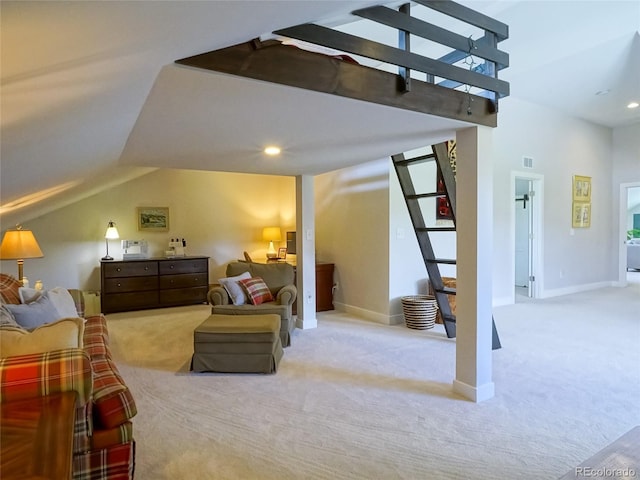 bedroom with visible vents, lofted ceiling, baseboards, recessed lighting, and carpet