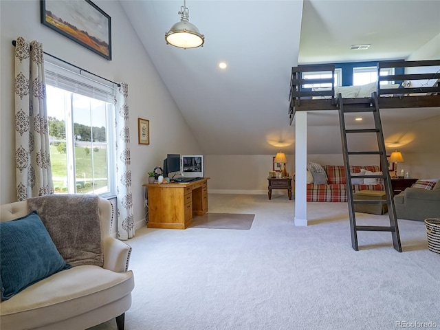 carpeted bedroom with baseboards, multiple windows, vaulted ceiling, and visible vents