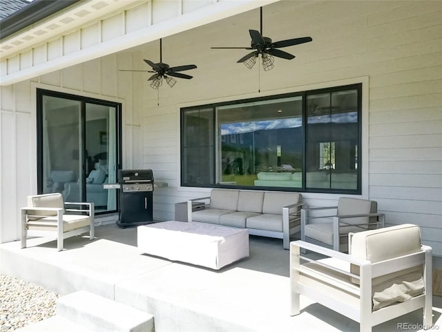 view of patio / terrace with a ceiling fan, a grill, and outdoor lounge area