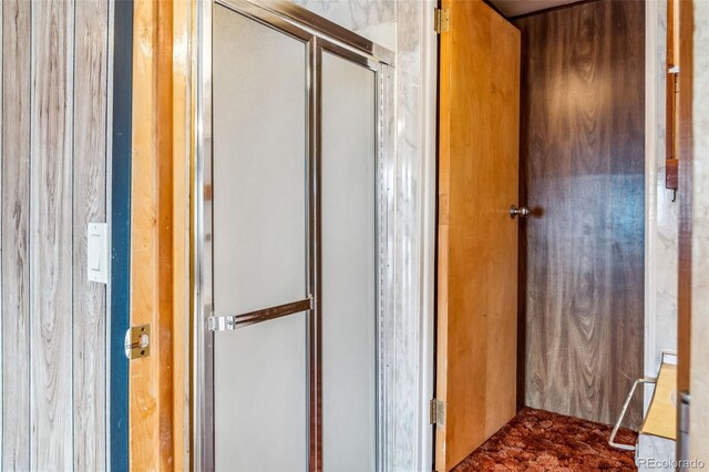 bathroom featuring a shower with door